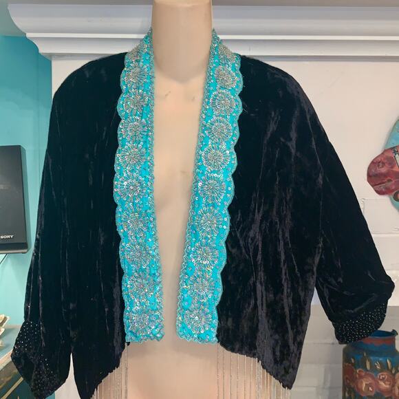 VINTAGE 90’s SAGE MACHADO FRINGED BEADED VELVET JACKET